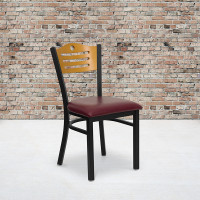 Flash Furniture Hercules Series Black Slat Back Metal Restaurant Chair with Natural Wood Back and Burgundy Vinyl Seat XU-DG-6G7B-SLAT-BURV-GG